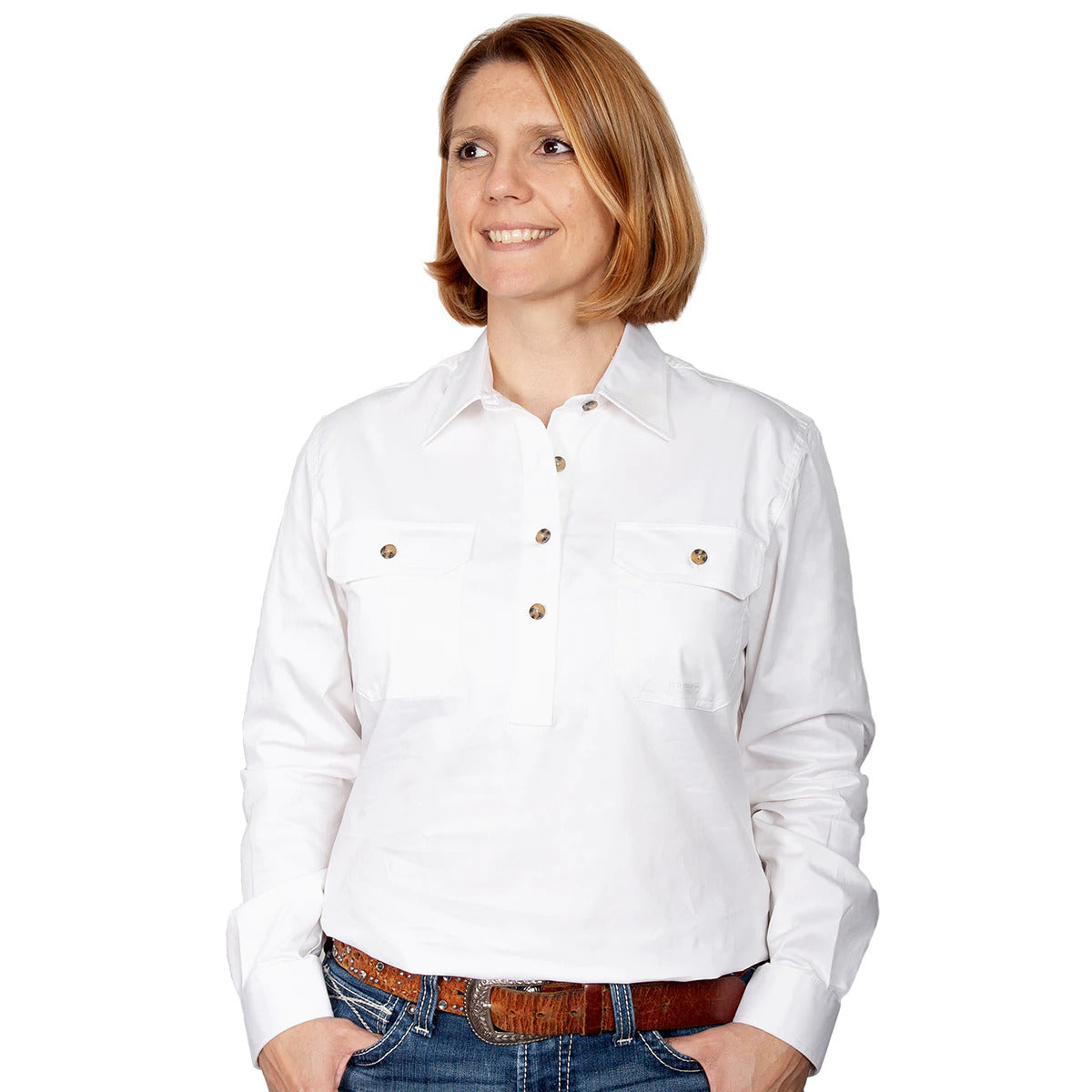 Just Country Womens Jahna Half Button Work Shirt (50505) White M/12