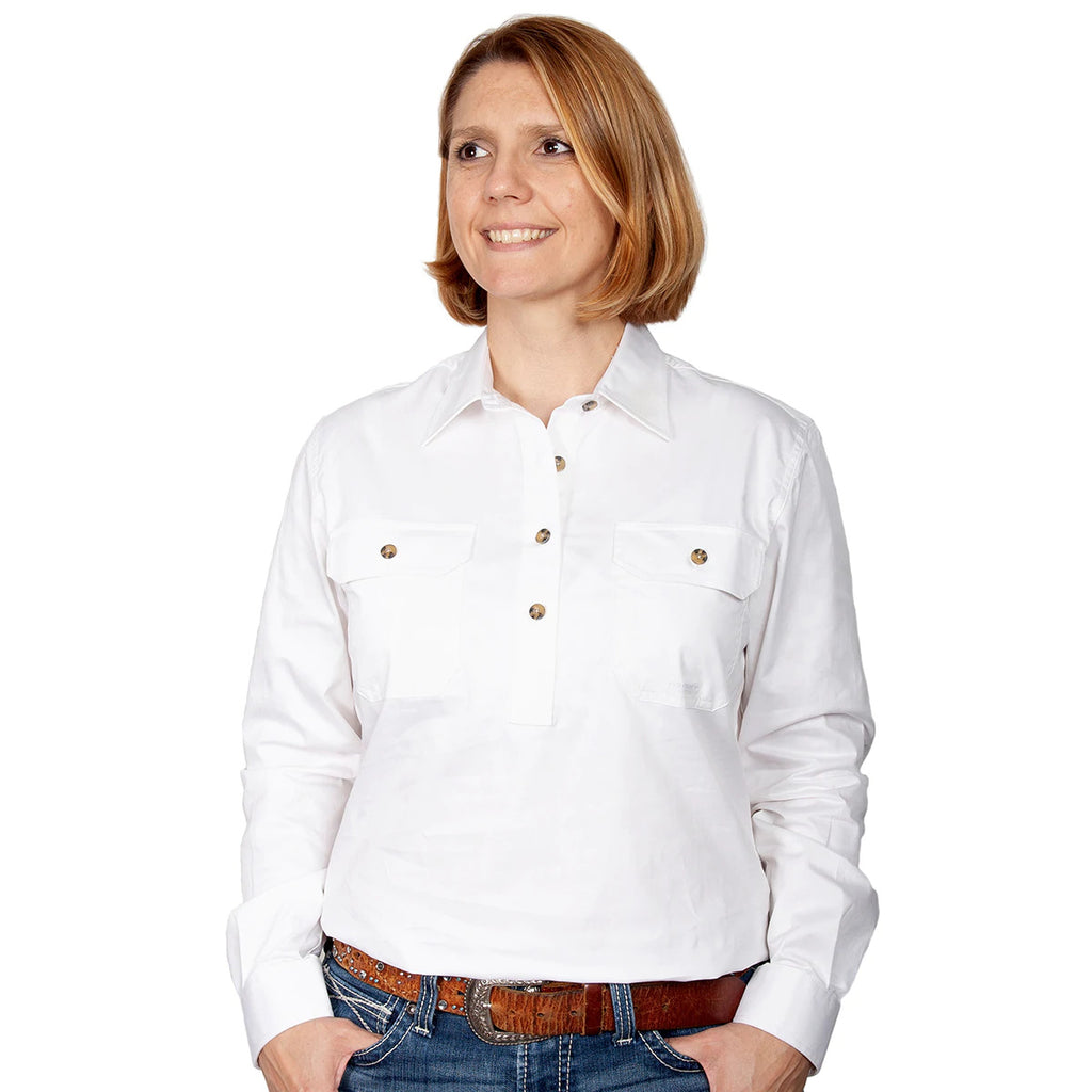 Just Country Womens Jahna Half Button Work Shirt (50505) White L/14