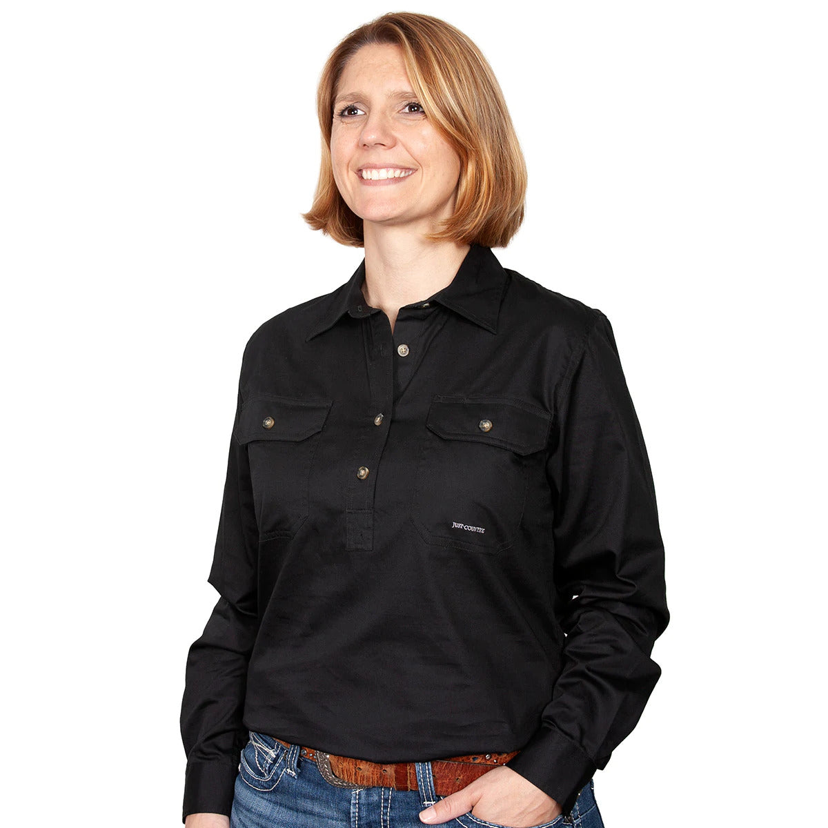 Just Country Womens Jahna Half Button Work Shirt (50505) Black XS/8