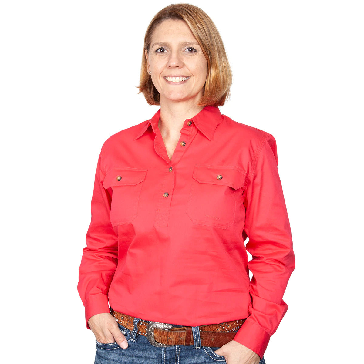 Just Country Womens Jahna Half Button Work Shirt (50505) Raspberry XL/16