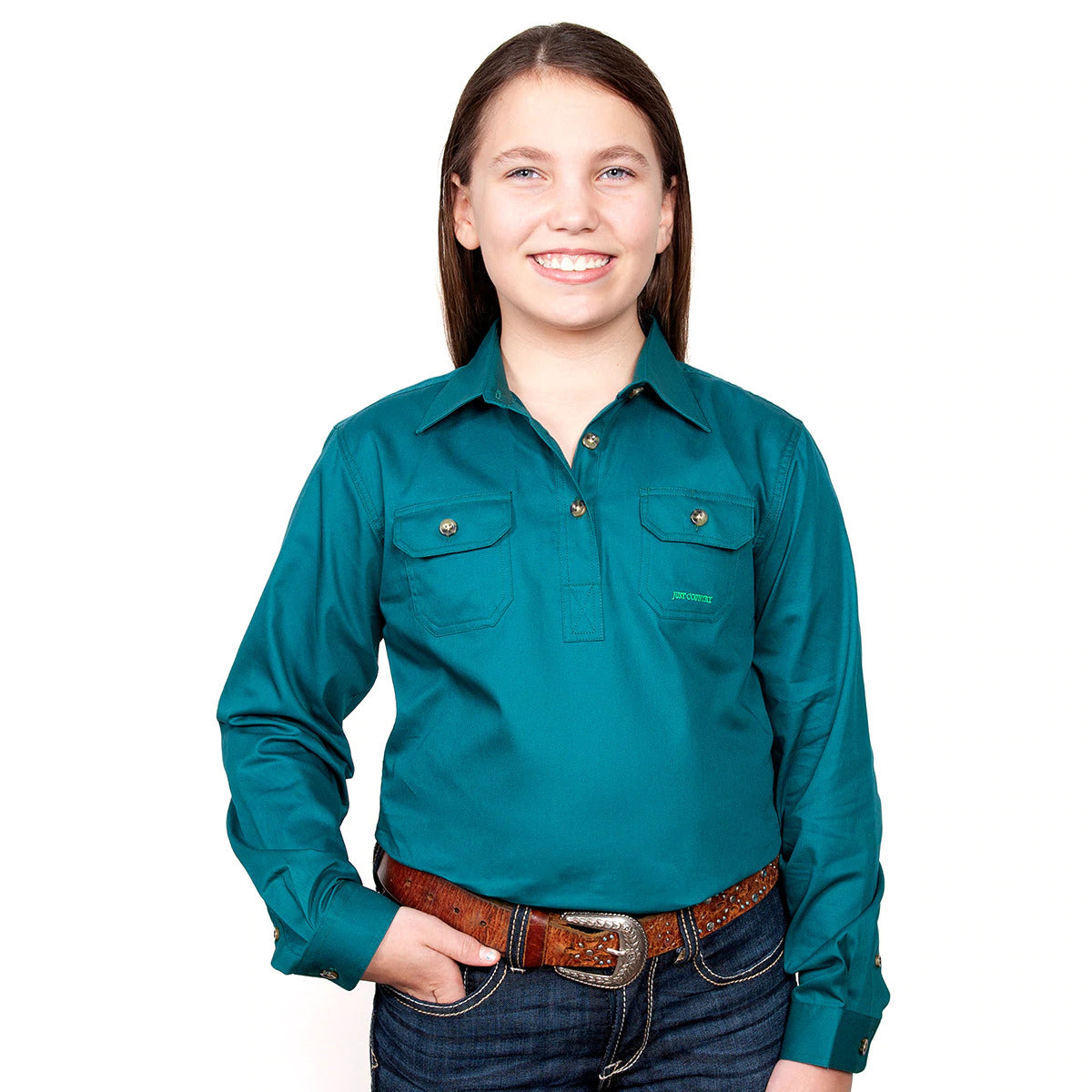 Just Country Girls Kenzie Half Button Work Shirt (60606) Forest Green S/6-7