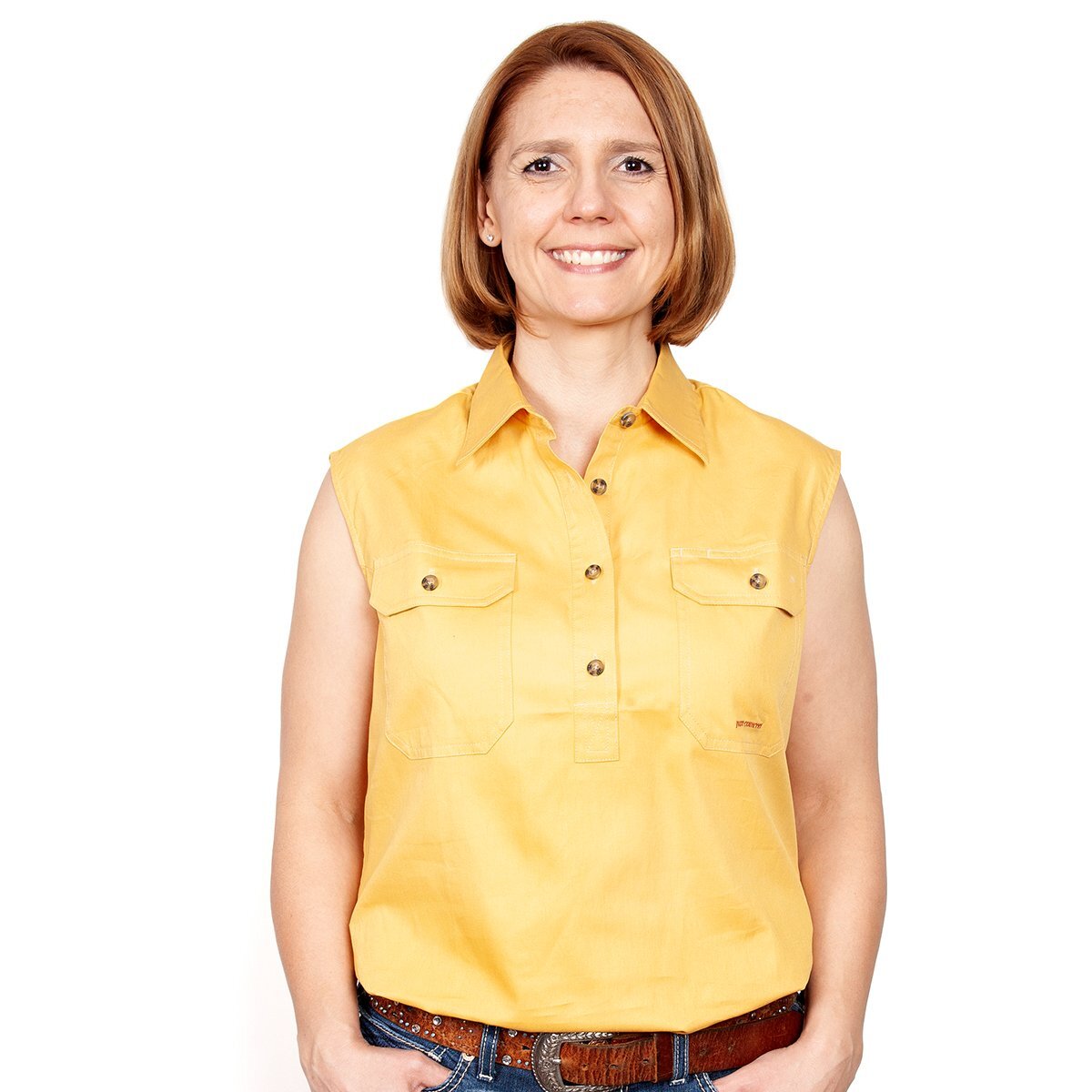 Just Country Womens Kerry Sleeveless Half Button Work Shirt (50503) Mustard M/12 [SD]