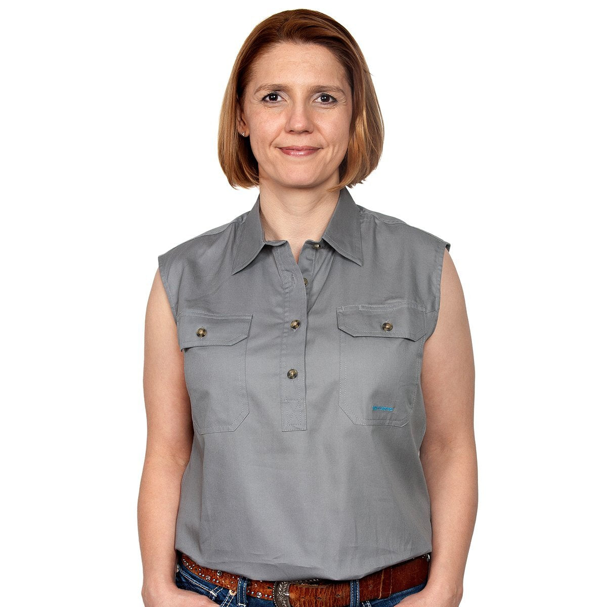 Just Country Womens Kerry Sleeveless Half Button Work Shirt (50503) Steel Grey 2XL/18