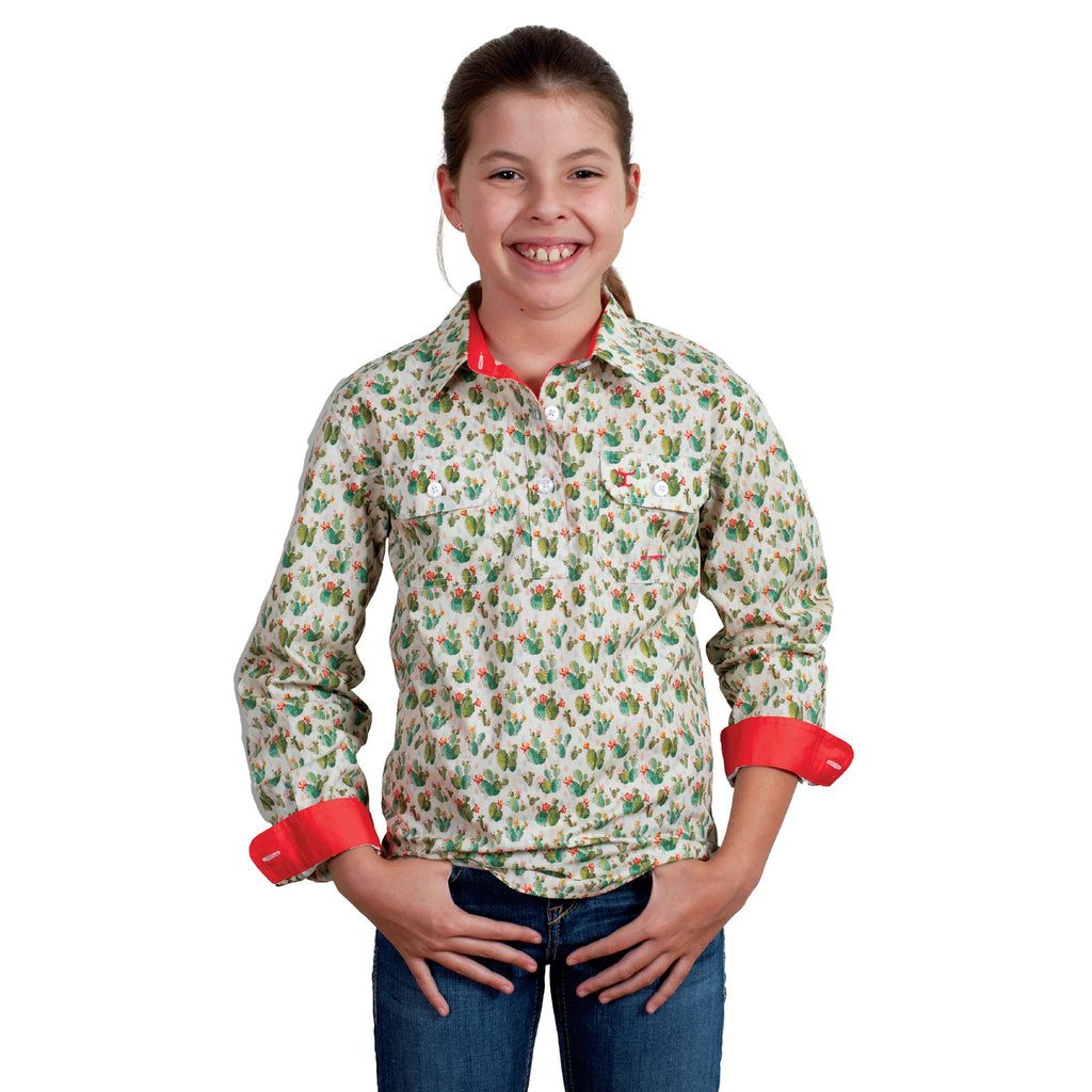 Just Country Girls Harper Half Button Print Shirt (GWLS2411) Cream Cactus S/6-7 [GD]