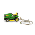 A John Deere Lawn Mower Replica (45321) on a keychain with a split ring on a white background.