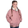 A young girl with braided hair smiles as she stands with hands in her pockets, wearing the Just Country Childrens Diamantina Sherpa Corduroy Jacket (BWOJ2600) in Dusty Pink, featuring a white sherpa collar and heavy-duty zips, against a white background.