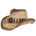 The Just Country Cowboy Hat (LU275NAT) by Just Country is a natural/black straw hat with a wide brim and a decorative band featuring turquoise and wooden beads on the side.