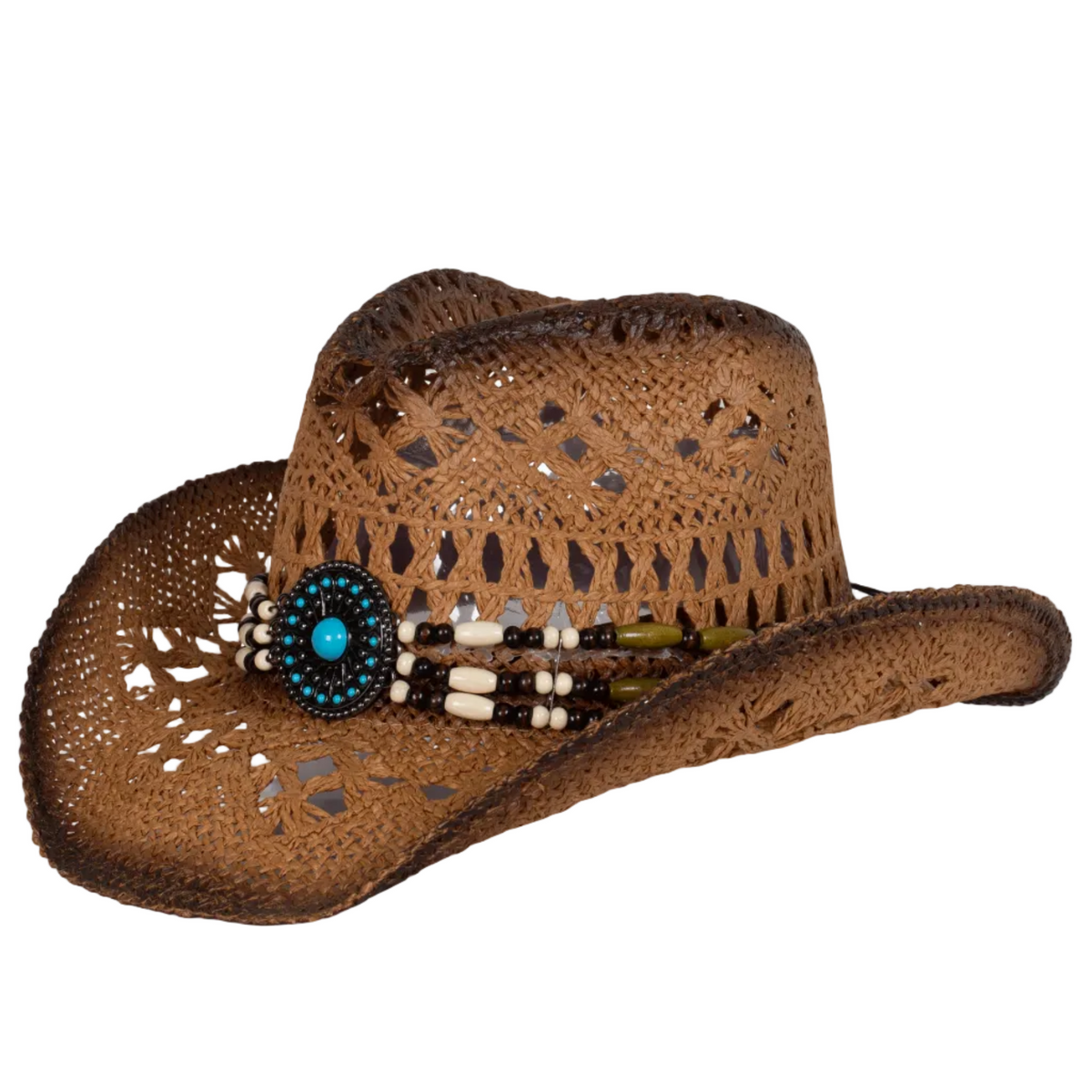 The Just Country Cowboy Hat (LU275TOB) in Tobacco/Black features woven straw, decorative cutouts, and a beaded band with a prominent turquoise centerpiece and assorted beads adorning the crown.