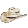 The Just Country Cowboy Hat (LU350) by Just Country features a natural and burnt black woven straw design, a curved brim, and a decorative black band with small diamond-shaped accents around the crown.