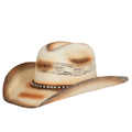 The Just Country Cowboy Hat (LU351) in Natural/Burnt Brown features a wide brim, dark brown burnished accents, and a decorative stitched band around the crown.