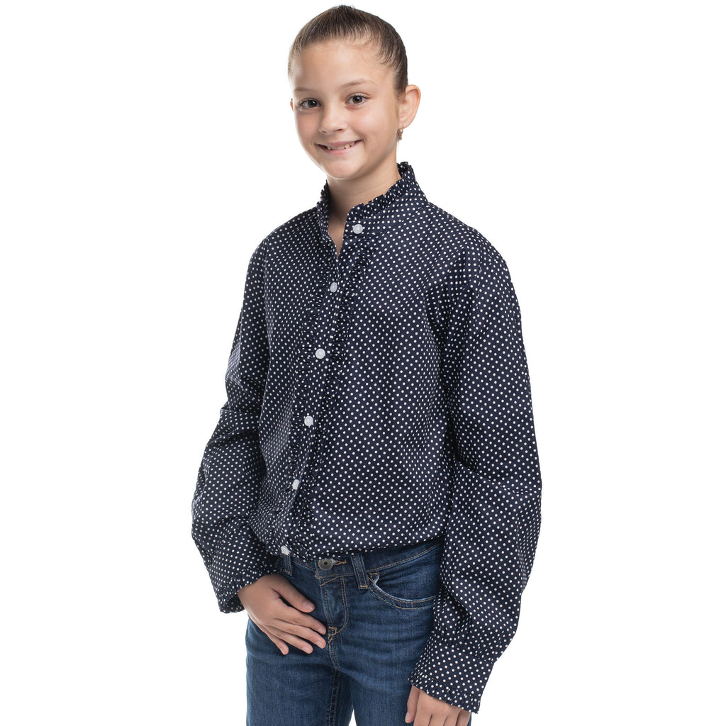 Just Country Girls Gracie Frills Full Button L/S Print Shirt (GWLS2659) Navy & White Mini Spots