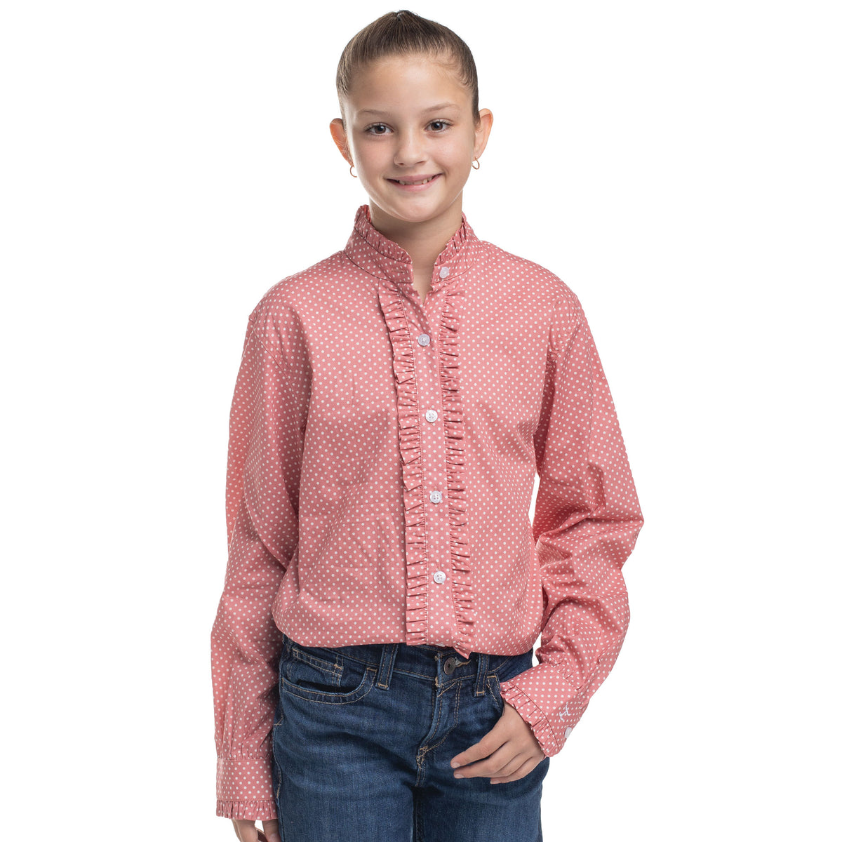 Just Country Girls Gracie Frills Full Button L/S Print Shirt (GWLS2660) Rosewater & White Mini Spots