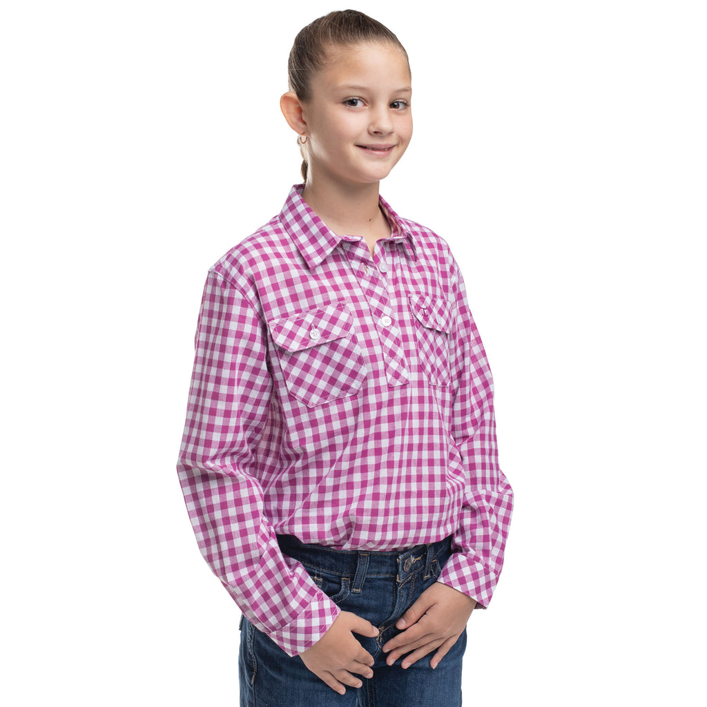 Just Country Girls Harper Half Button L/S Print Shirt (GWLS2665) Magenta & White Check