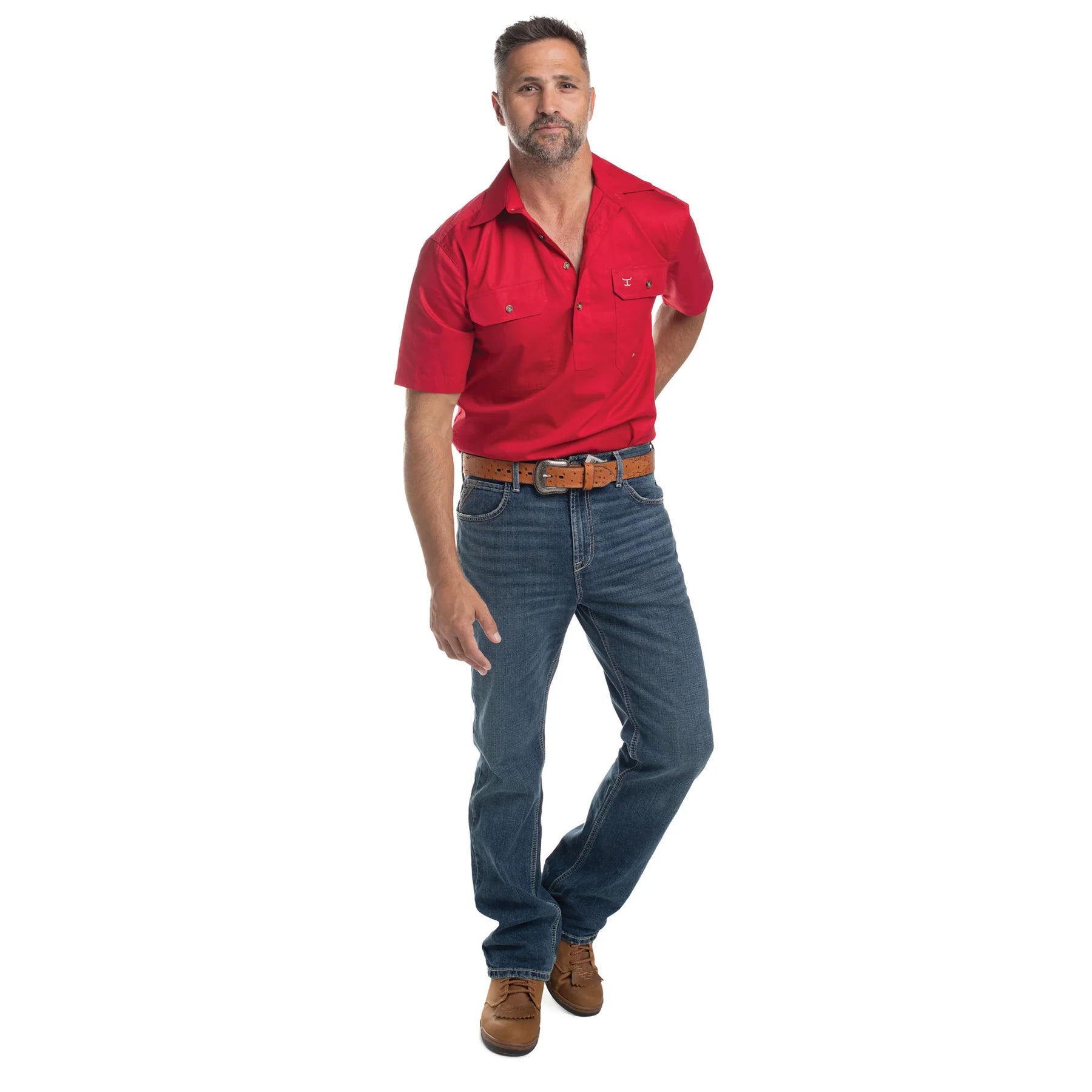 Just Country Mens Adam SS Half Button Work Shirt (10104) Chilli  Full