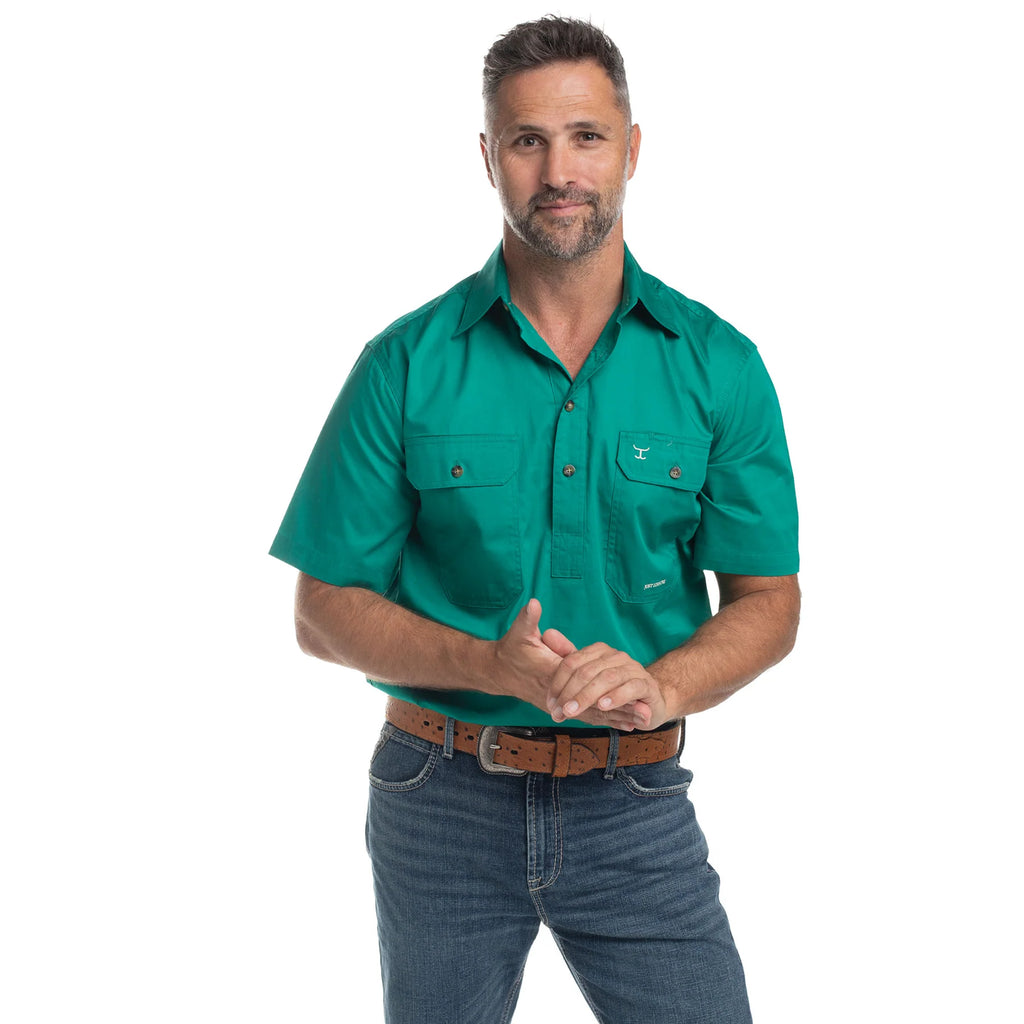 Just Country Mens Adam S/S Half Button Work Shirt (10104) Dark Green Front