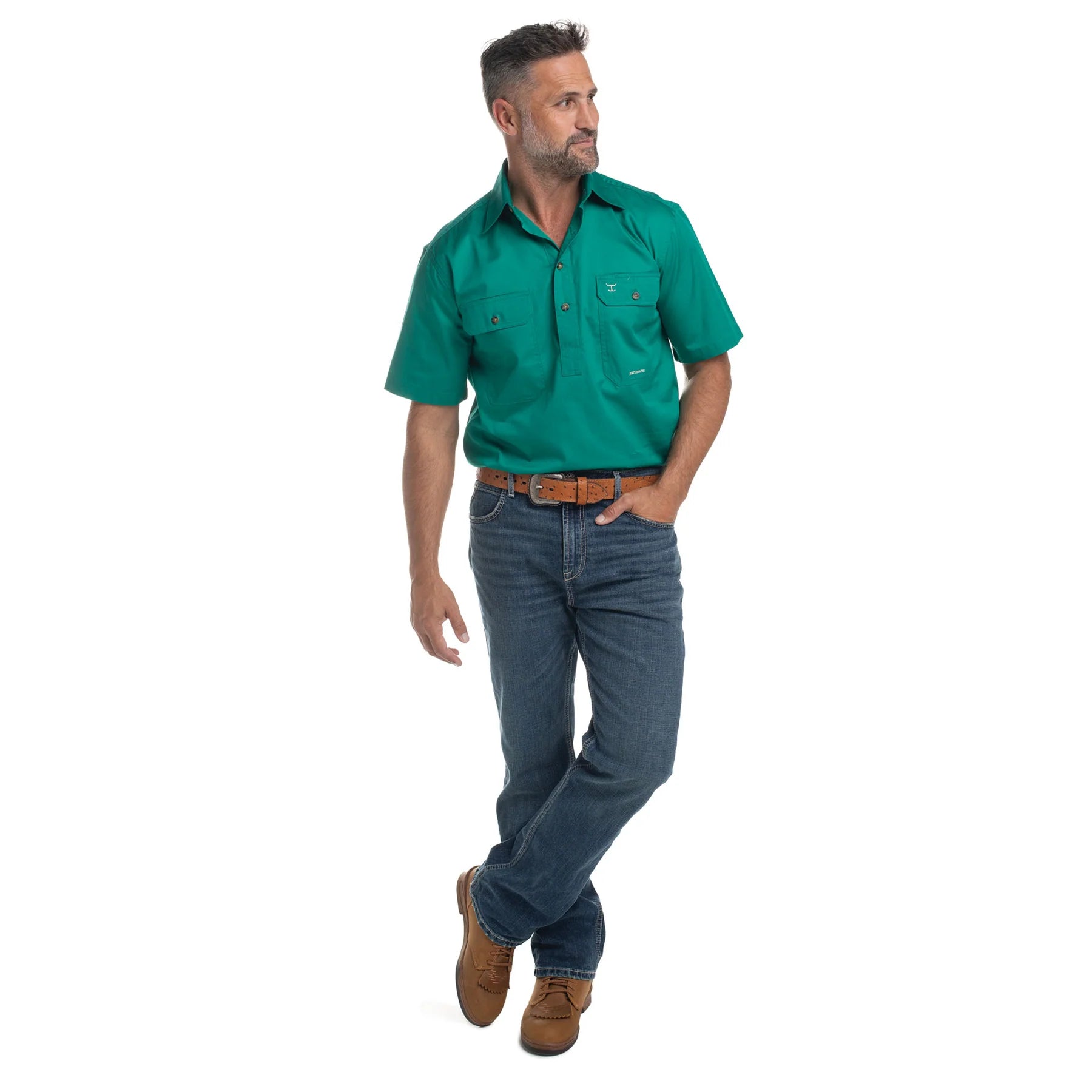 Just Country Mens Adam S/S Half Button Work Shirt (10104) Dark Green Full