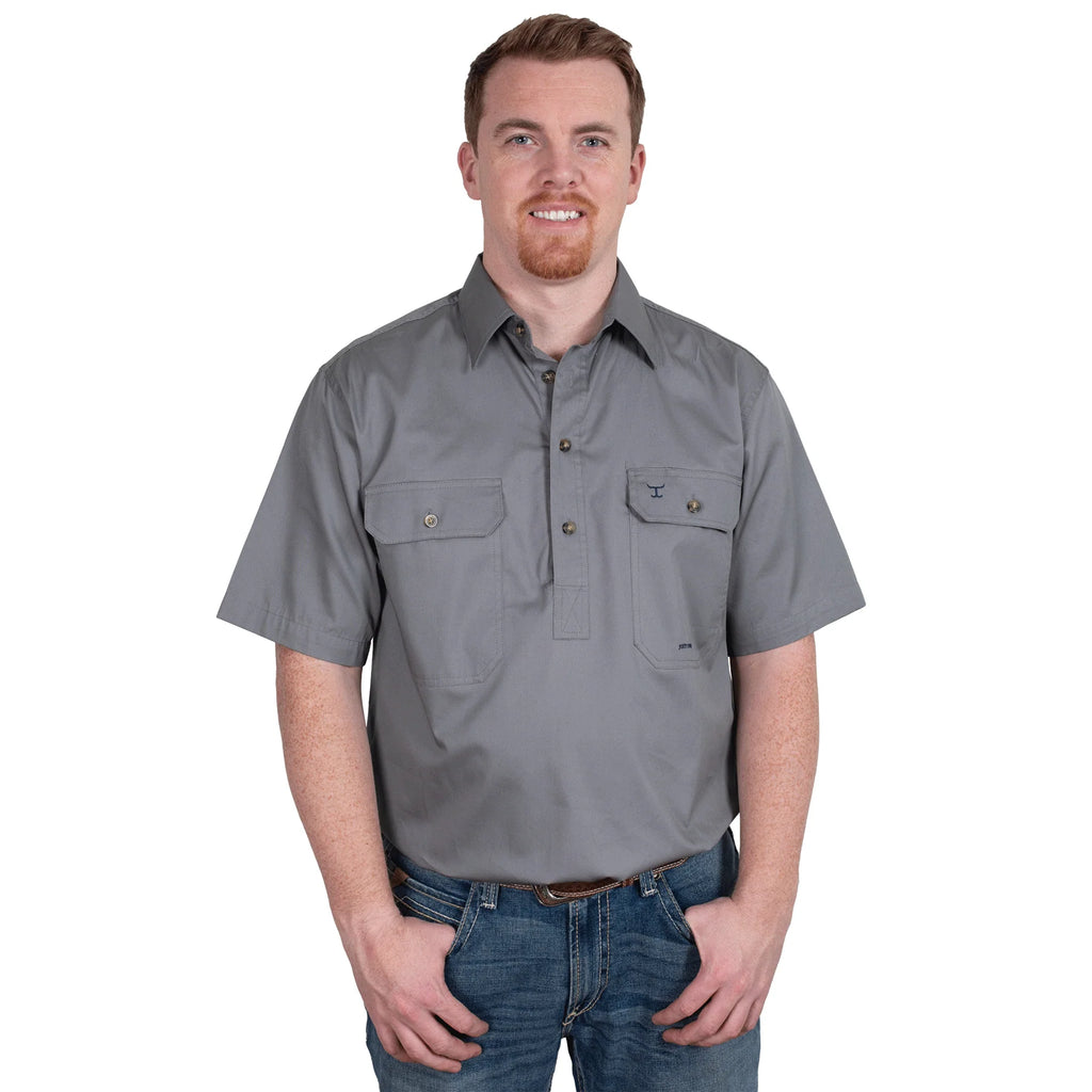 Just Country Mens Adam SS Half Button Work Shirt (10104) Steel Grey Front