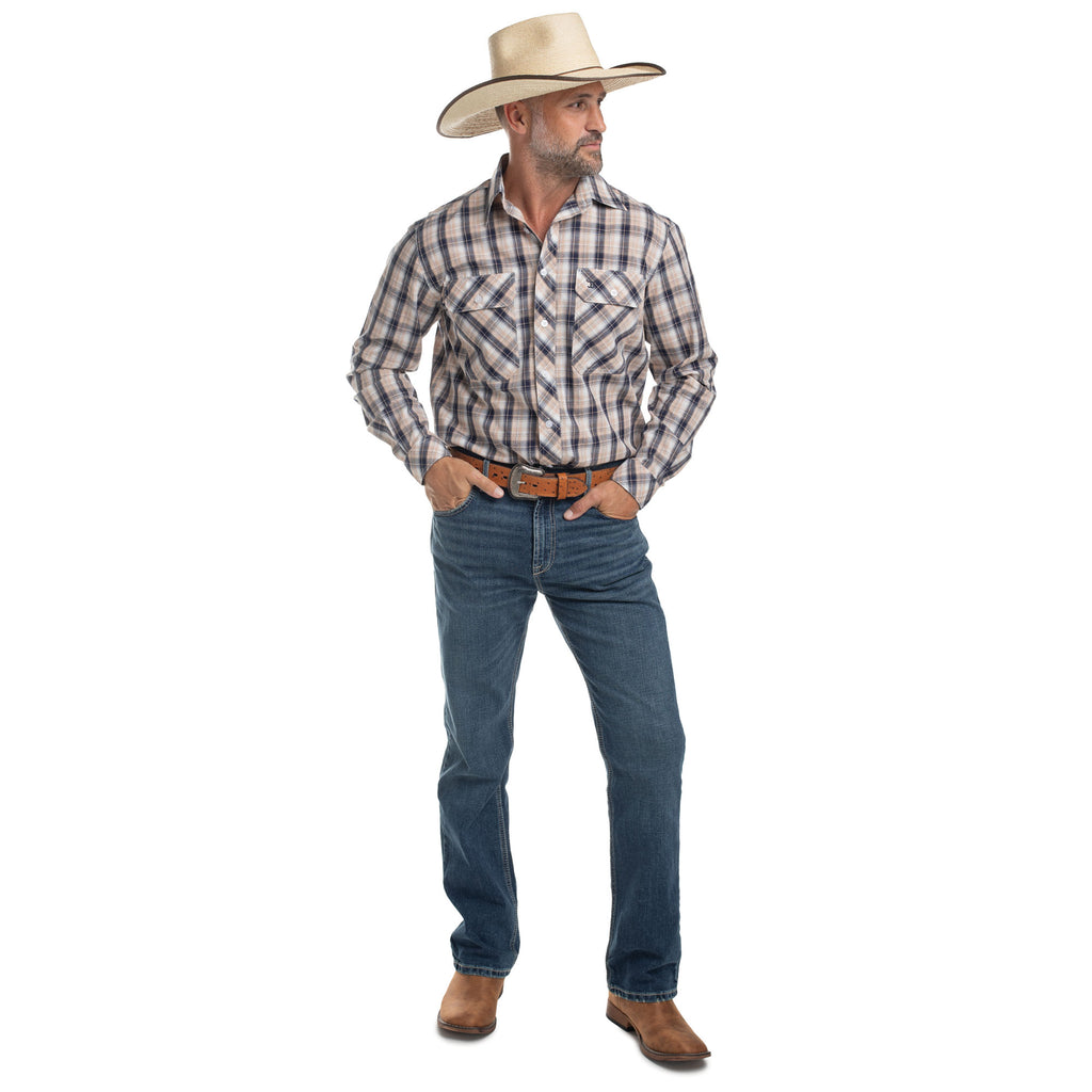 Just Country Mens Austin Full Button L/S Print Shirt (MWLS2657) Tan/Navy/White Plaid