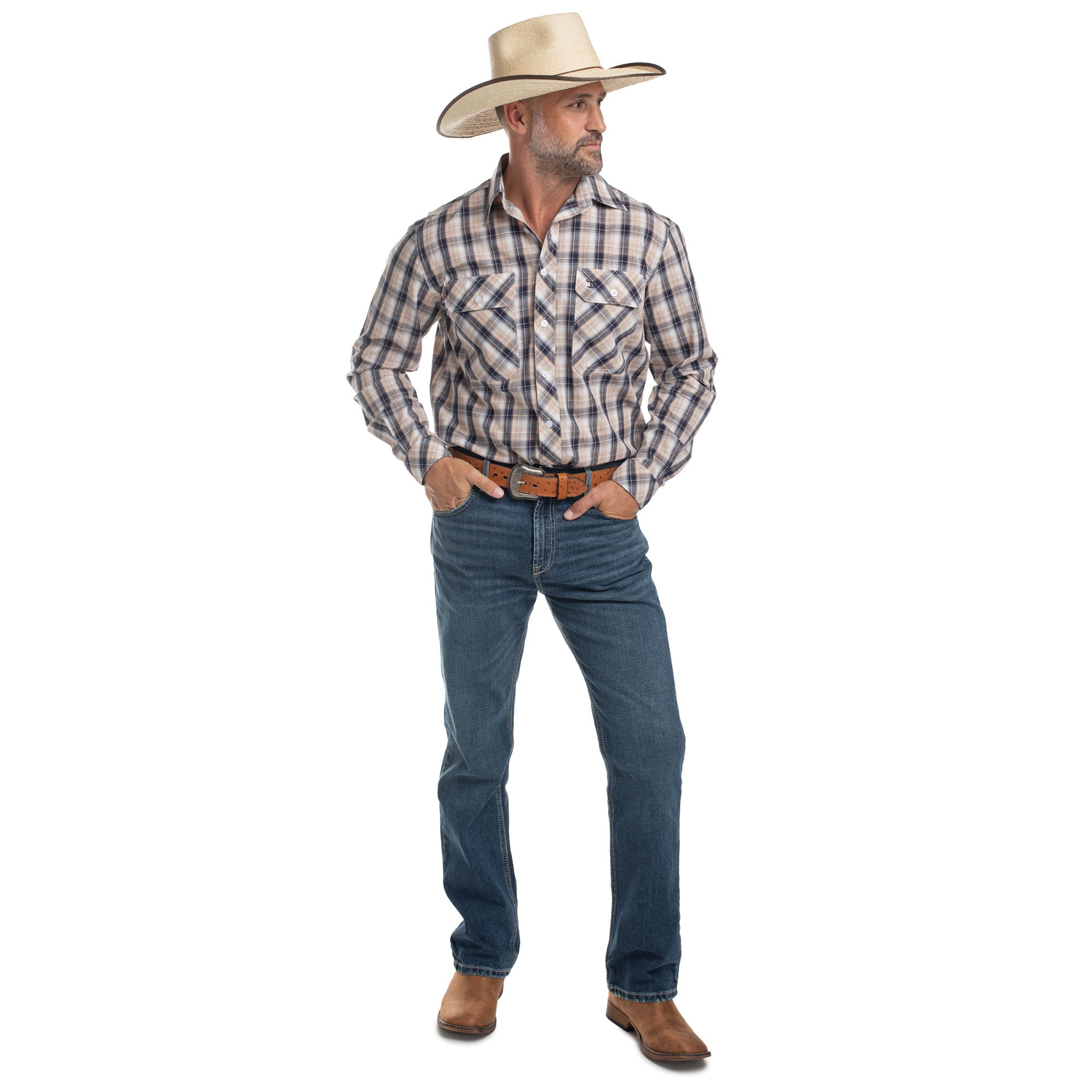 Just Country Mens Austin Full Button L/S Print Shirt (MWLS2657) Tan/Navy/White Plaid