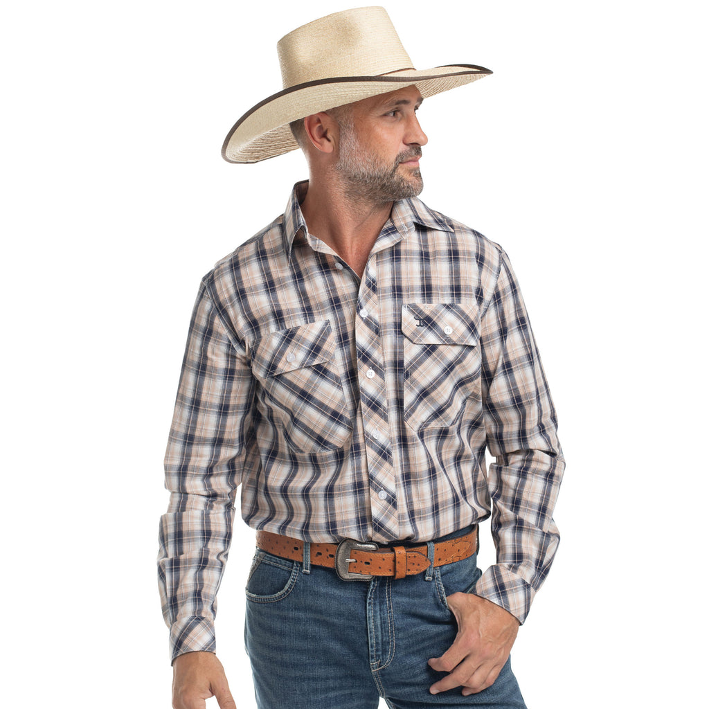 Just Country Mens Austin Full Button L/S Print Shirt (MWLS2657) Tan/Navy/White Plaid