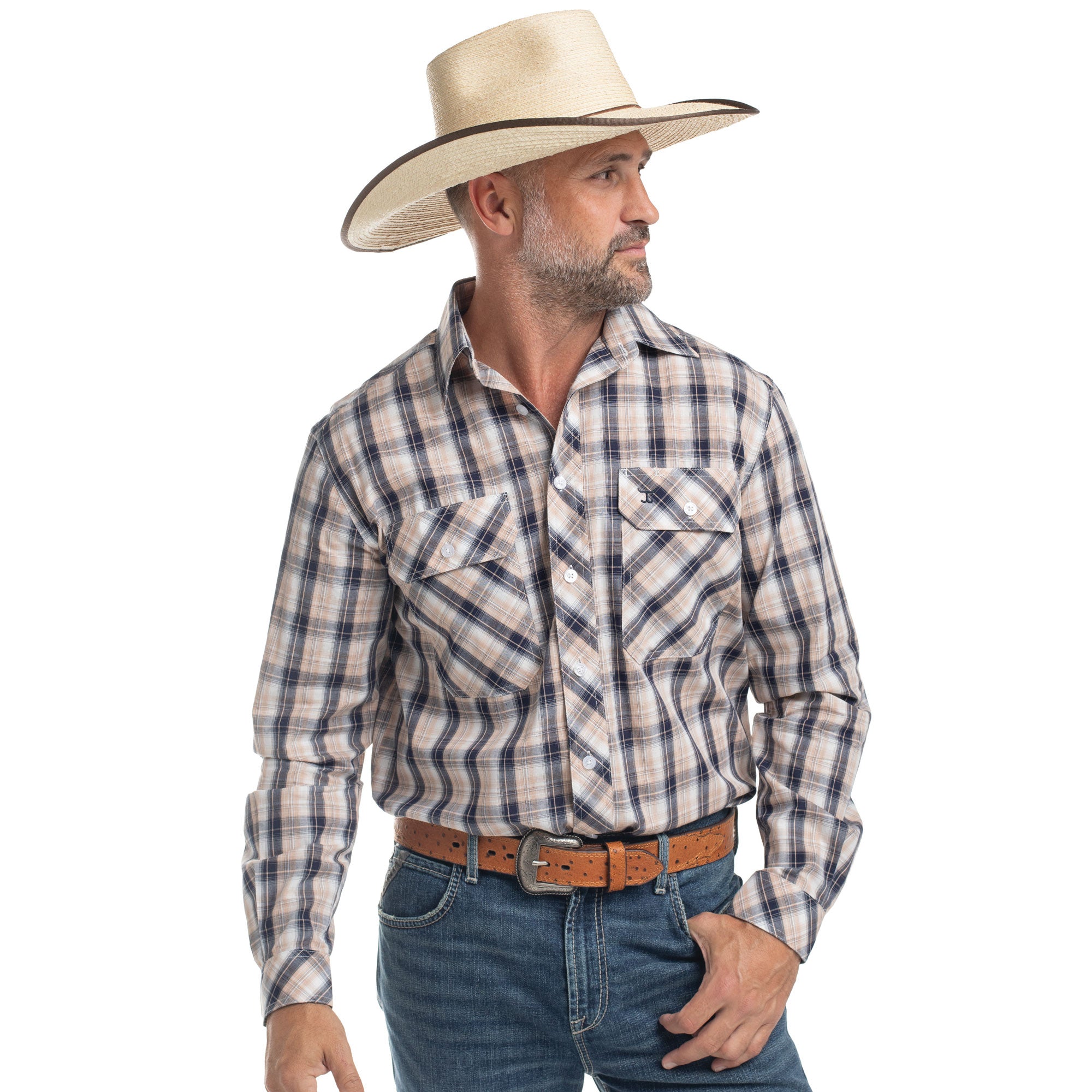 Just Country Mens Austin Full Button L/S Print Shirt (MWLS2657) Tan/Navy/White Plaid