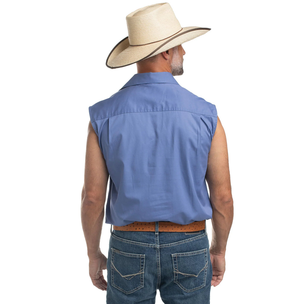Just Country Mens Jack Sleeveless Half Button Work Shirt (10103) Blue Back with Hat