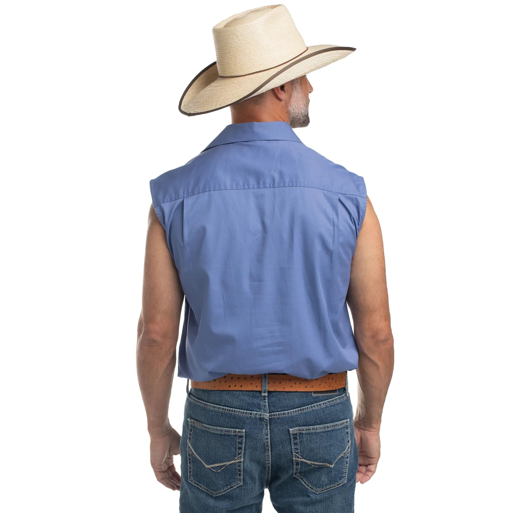 Just Country Mens Jack Sleeveless Half Button Work Shirt (10103) Blue Back with Hat