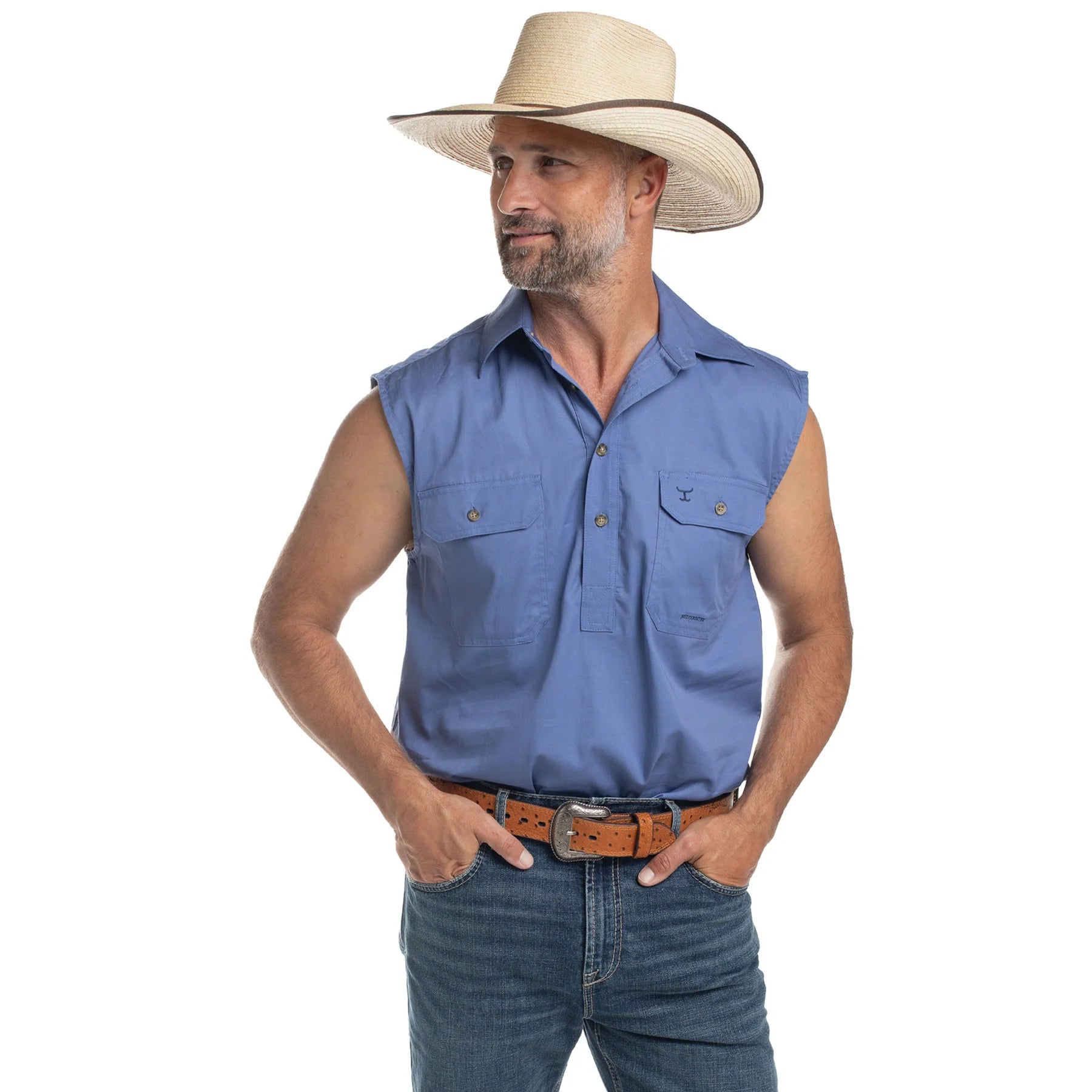 Just Country Mens Jack Sleeveless Half Button Work Shirt (10103) Blue Front with Hat