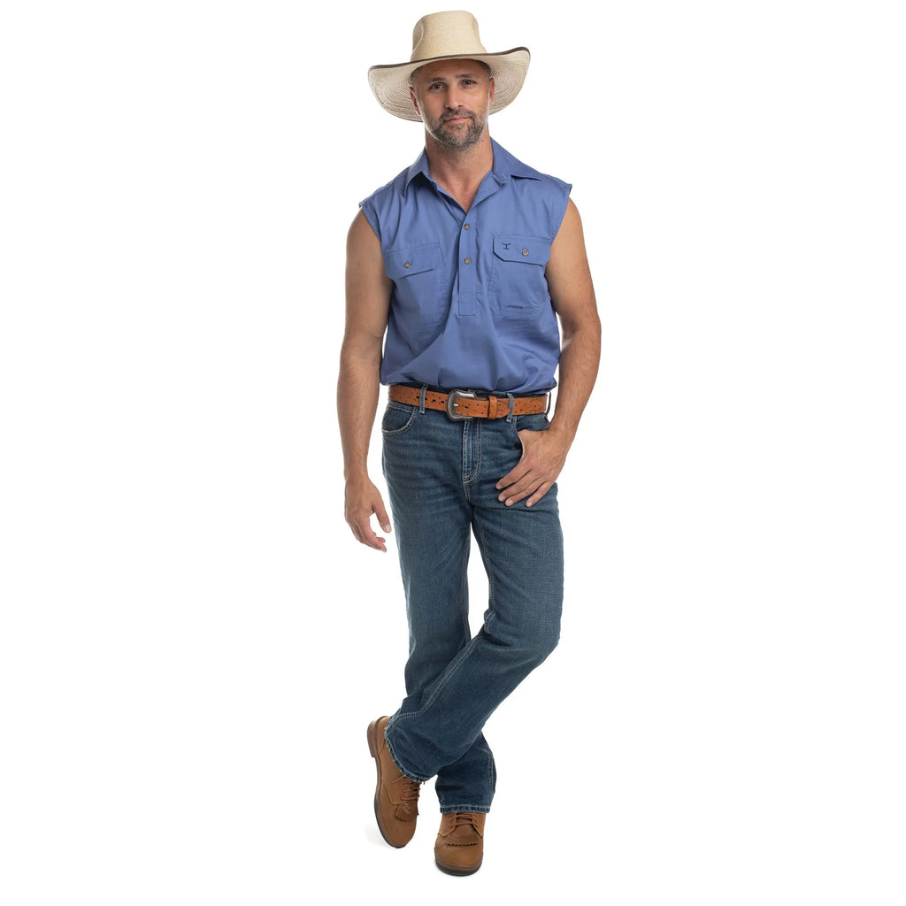 Just Country Mens Jack Sleeveless Half Button Work Shirt (10103) Blue Full Length with Hat