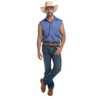 Just Country Mens Jack Sleeveless Half Button Work Shirt (10103) Blue Full Length with Hat