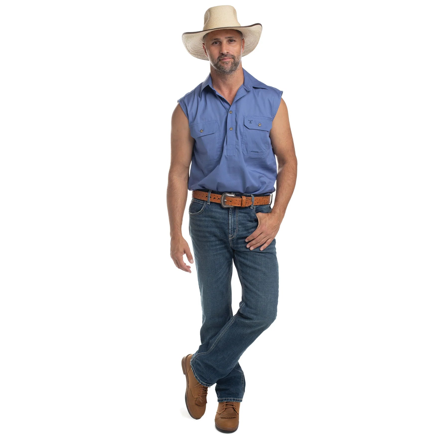 Just Country Mens Jack Sleeveless Half Button Work Shirt (10103) Blue Full Length with Hat