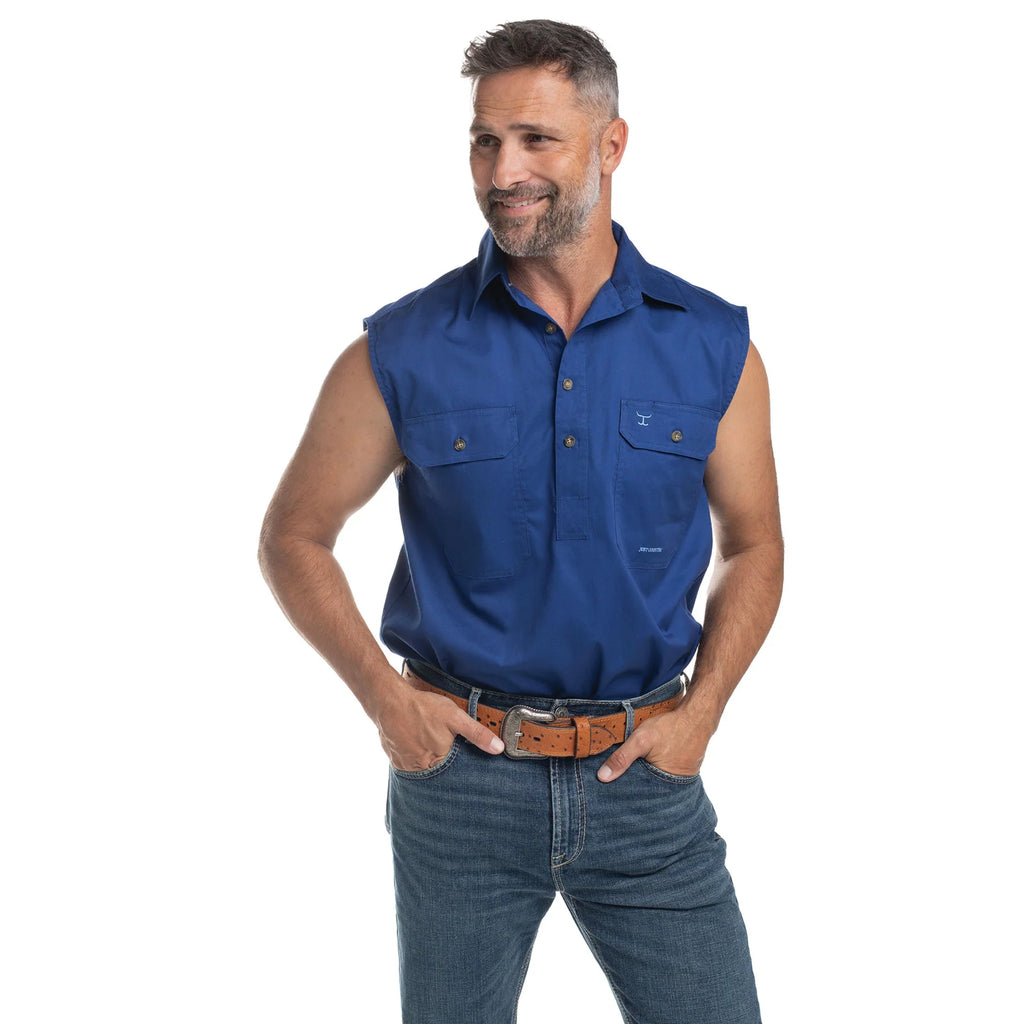 Just Country Mens Jack Sleeveless Half Button Work Shirt (10103) Cobalt Front