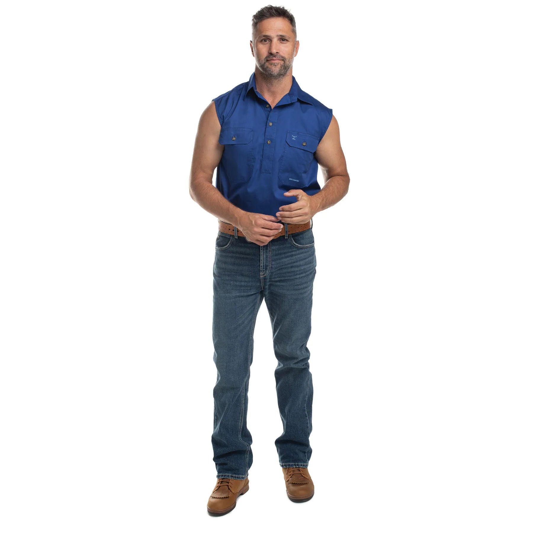Just Country Mens Jack Sleeveless Half Button Work Shirt (10103) Cobalt Full