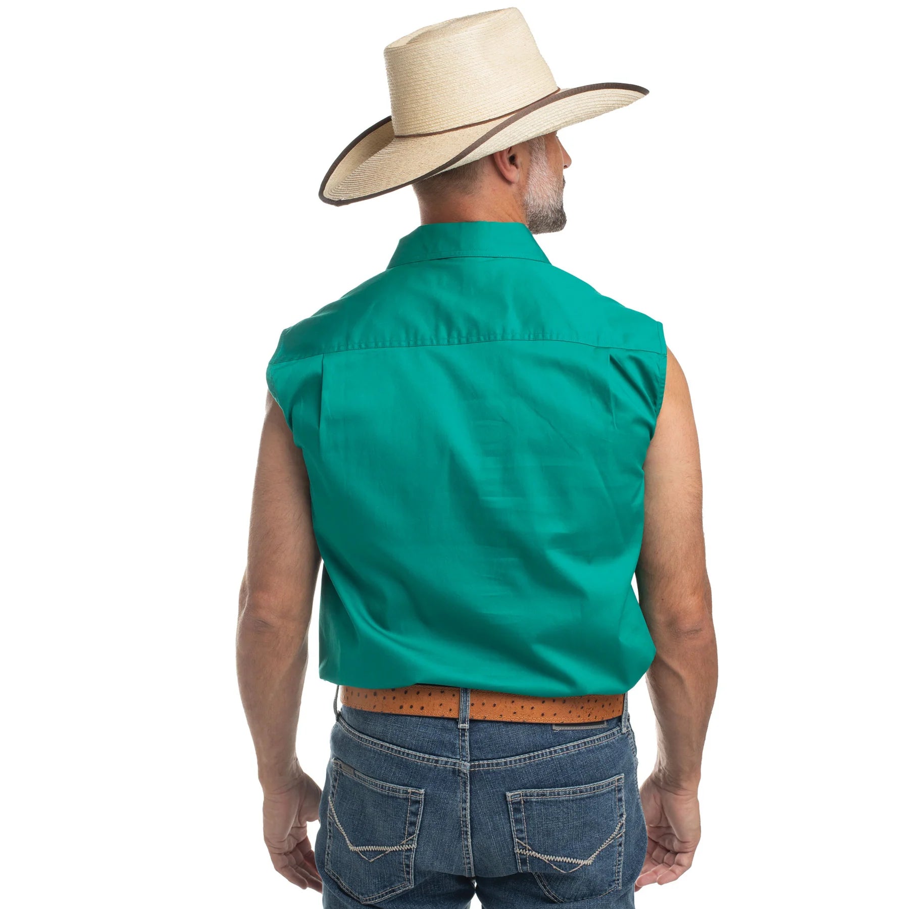 Just Country Mens Jack Sleeveless Half Button Work Shirt (10103) Dark Green Back with Hat