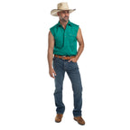 Just Country Mens Jack Sleeveless Half Button Work Shirt (10103) Dark Green Full Length with Hat
