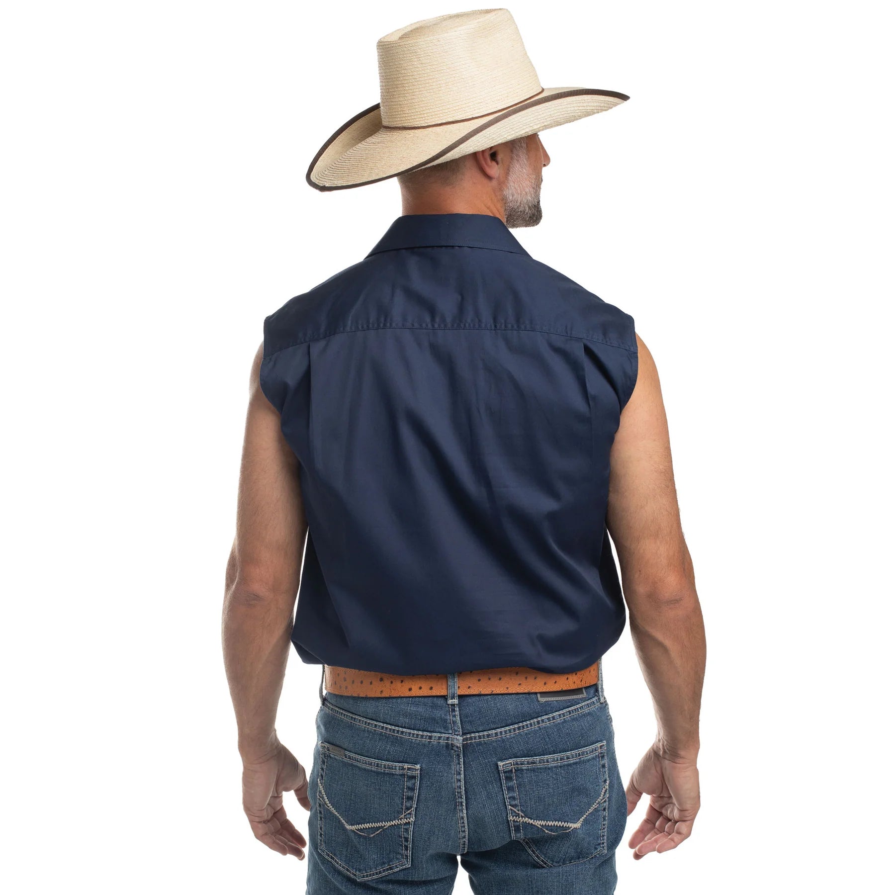 Just Country Mens Jack Sleeveless Half Button Work Shirt (10103) Navy Back with Hat