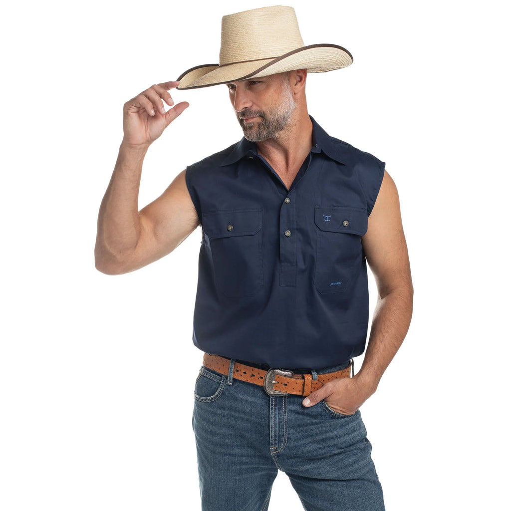 Just Country Mens Jack Sleeveless Half Button Work Shirt (10103) Navy Front with Hat