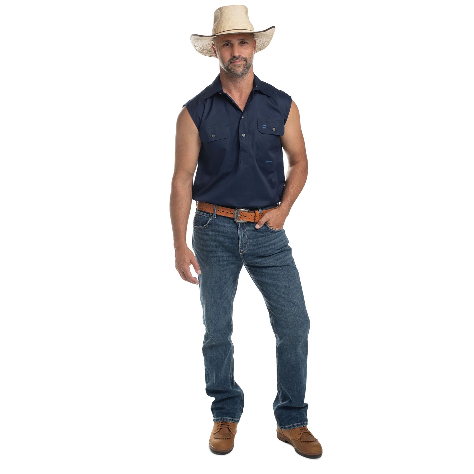 Just Country Mens Jack Sleeveless Half Button Work Shirt (10103) Navy Full Length with Hat