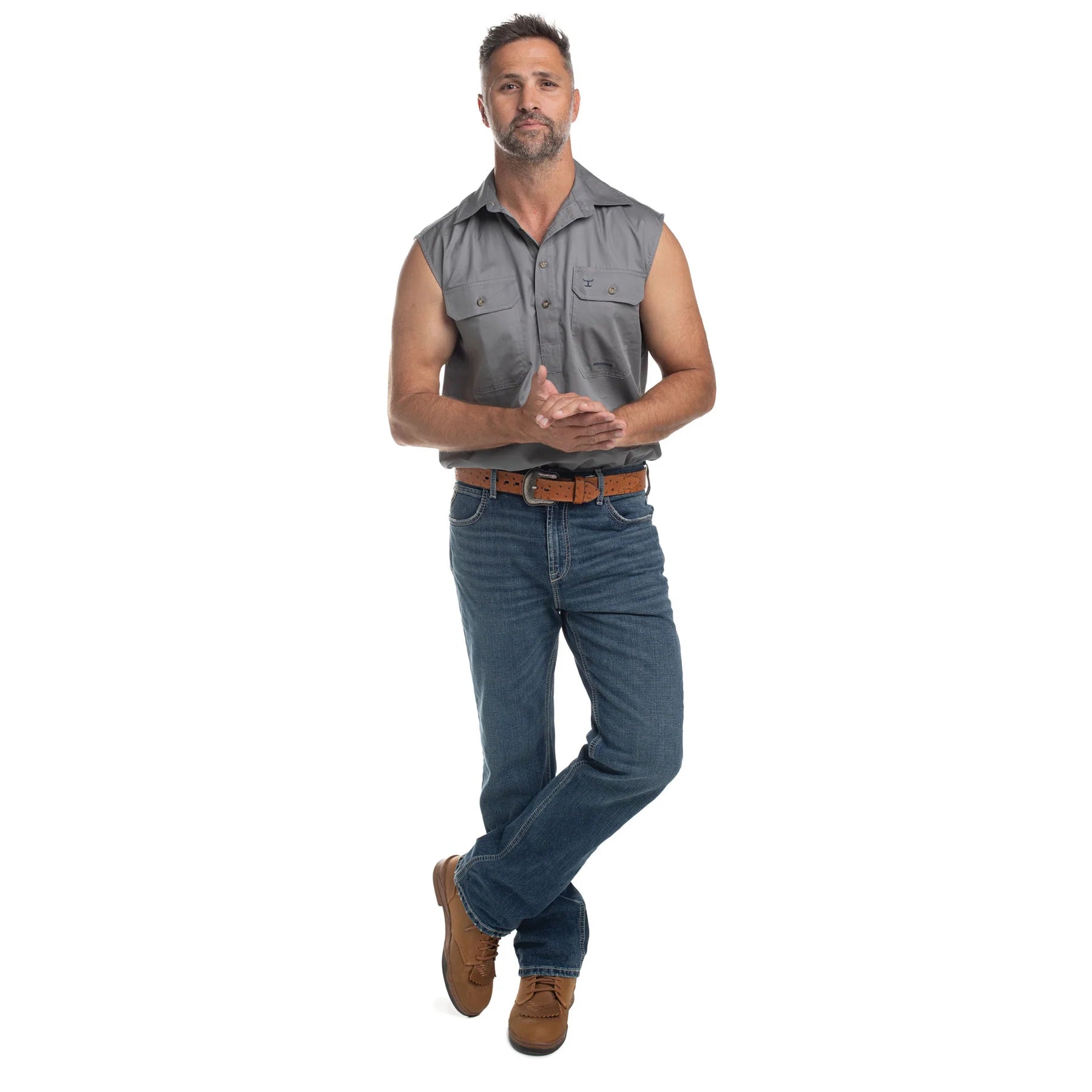 Just Country Mens Jack Sleeveless Half Button Work Shirt (10103) Steel Grey Full