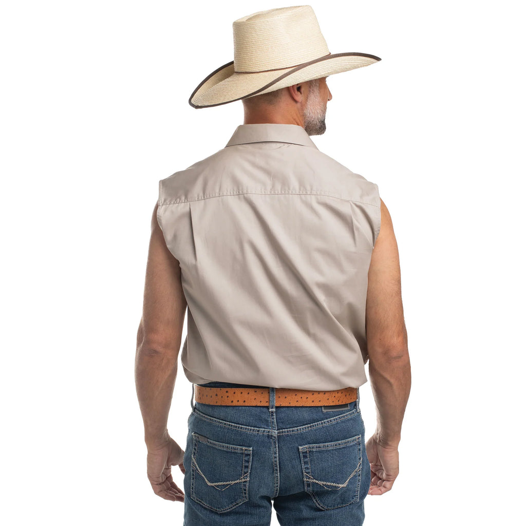 Just Country Mens Jack Sleeveless Half Button Work Shirt (10103) Stone Back with Hat