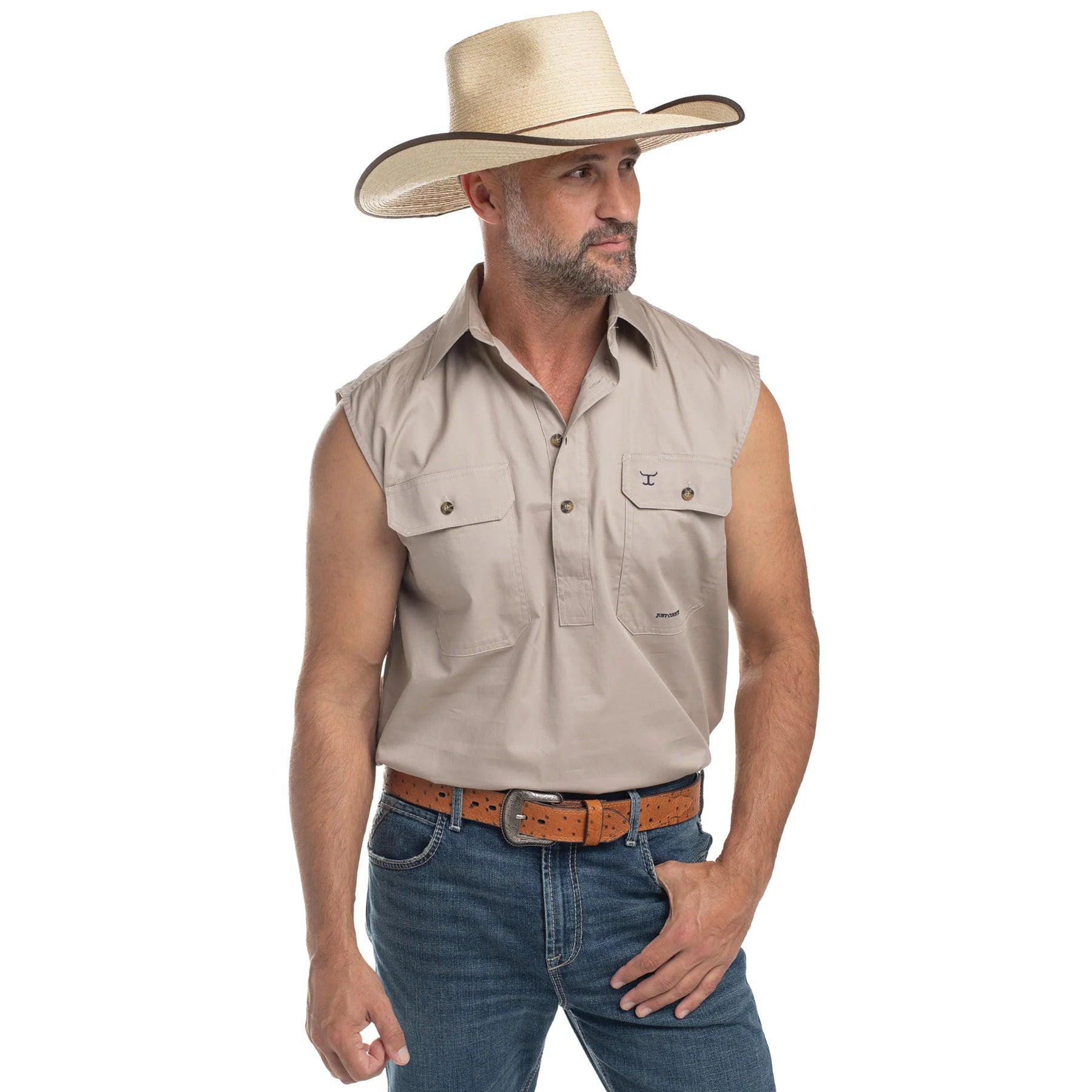 Just Country Mens Jack Sleeveless Half Button Work Shirt (10103) Stone Front with Hat
