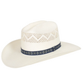 The Just Country Western Cowboy Hat (TG156-B) features a white straw build with a wide brim, decorative crown cutouts, and a navy patterned ribbon hatband.