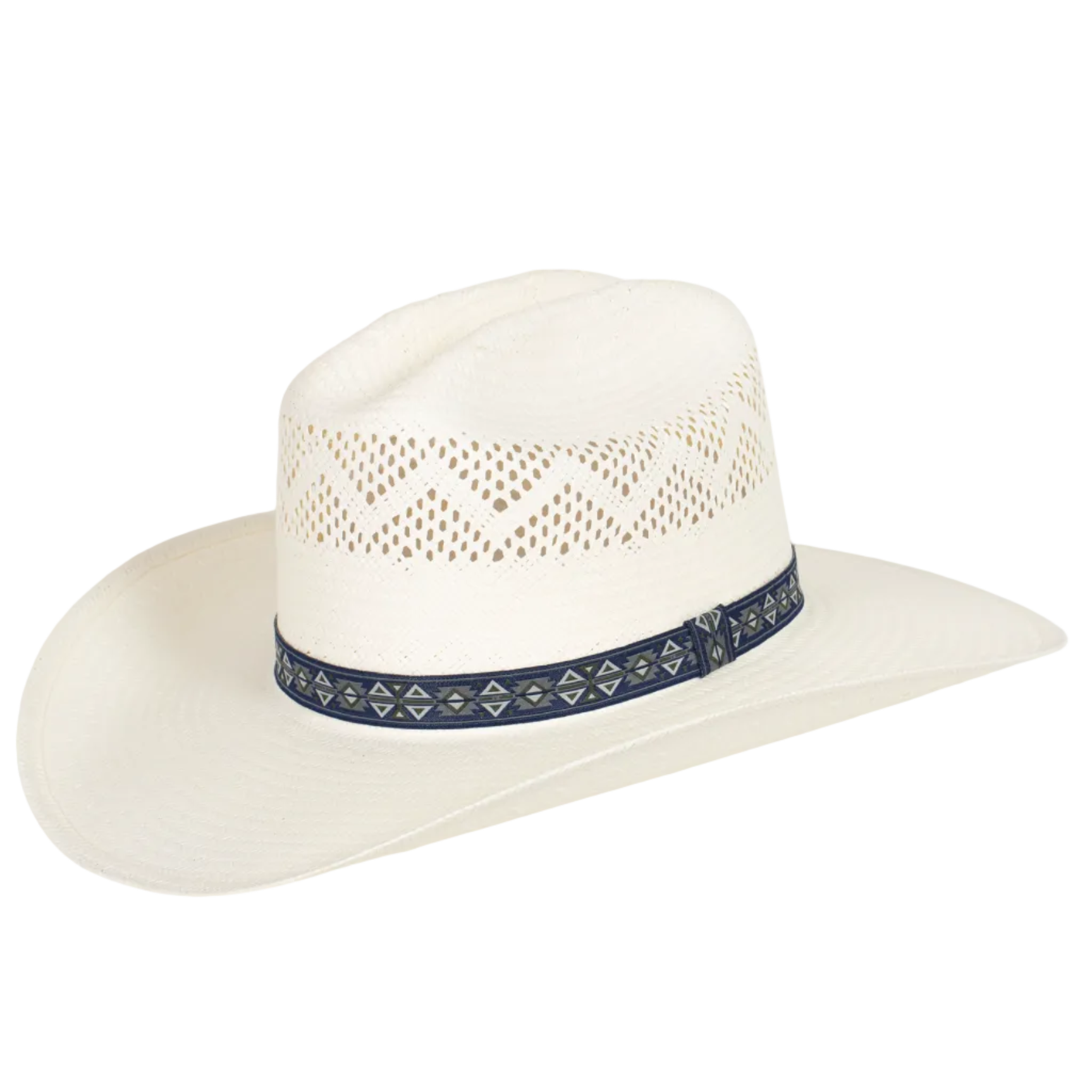 The Just Country Western Cowboy Hat (TG156-B) features a white straw build with a wide brim, decorative crown cutouts, and a navy patterned ribbon hatband.