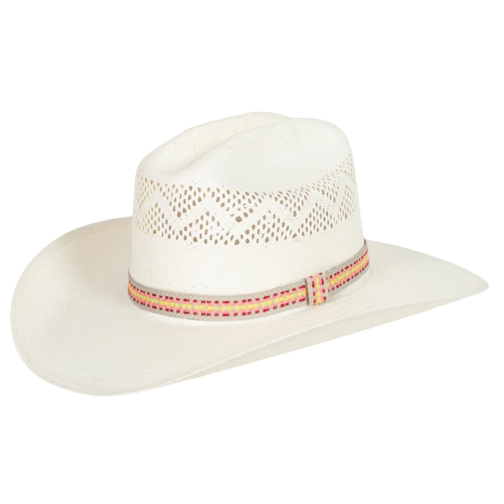 The Just Country Western Cowboy Hat (TG156-P) Pink Ribbon features a wide brim, decorative zigzag ventilation holes, and a colorful woven band around the base of the crown.