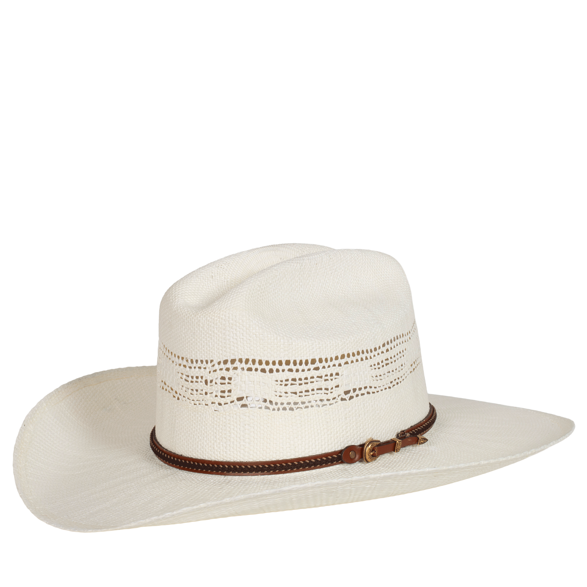 The Just Country Western Cowboy Hat (TG158) in ivory features a cream-colored straw build, decorative brown band with buckle, and ventilated cutout patterns along the crown.