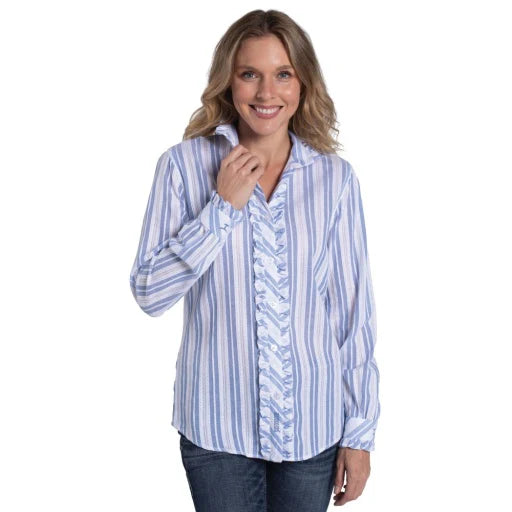 Just Country Womens Abbey Frills Full Button L/S Dress Shirt (WWLS2603) White/Denim Stripe Lace