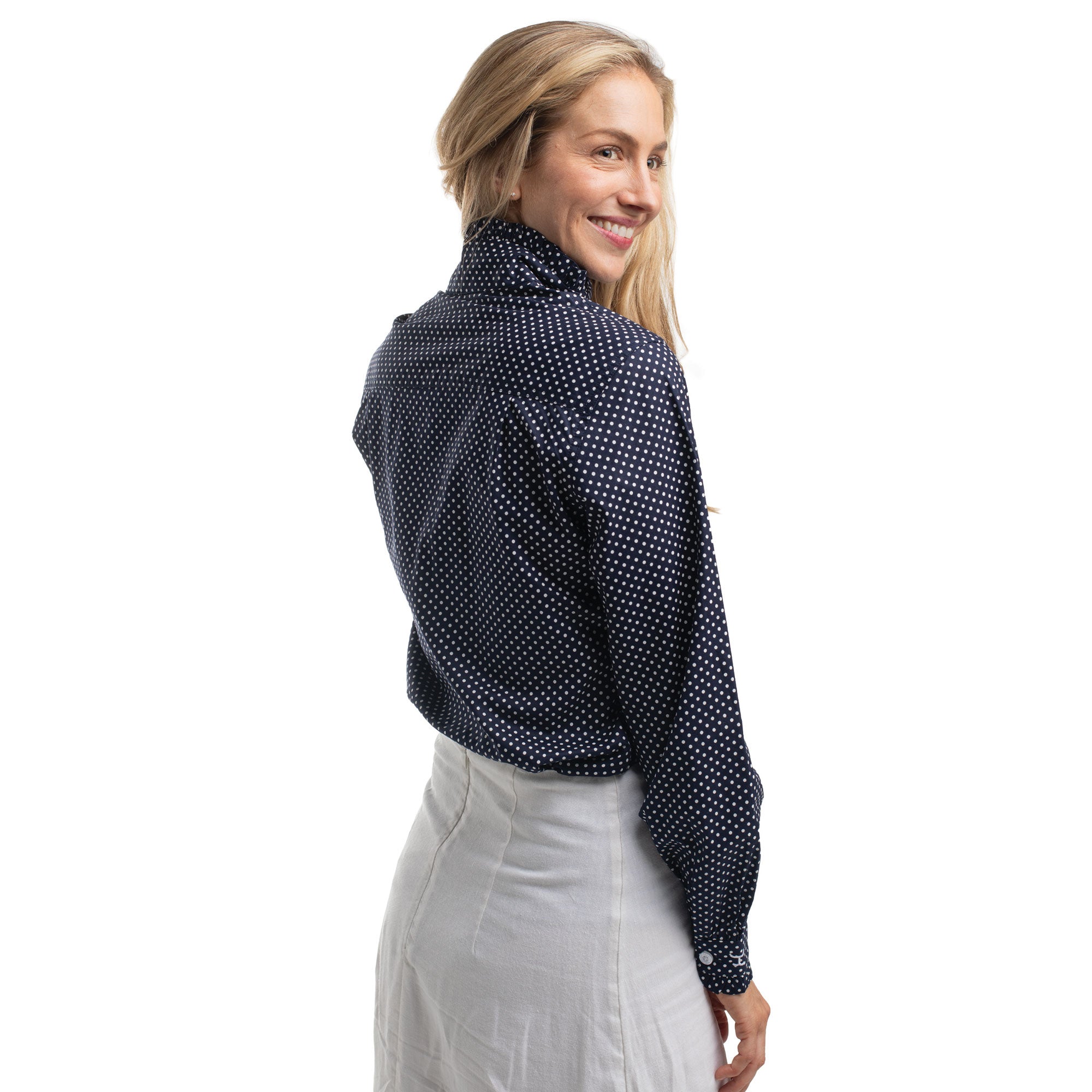 Just Country Womens Abbey Frills Full Button L/S Print Shirt (WWLS2659) Navy & White Mini Spots