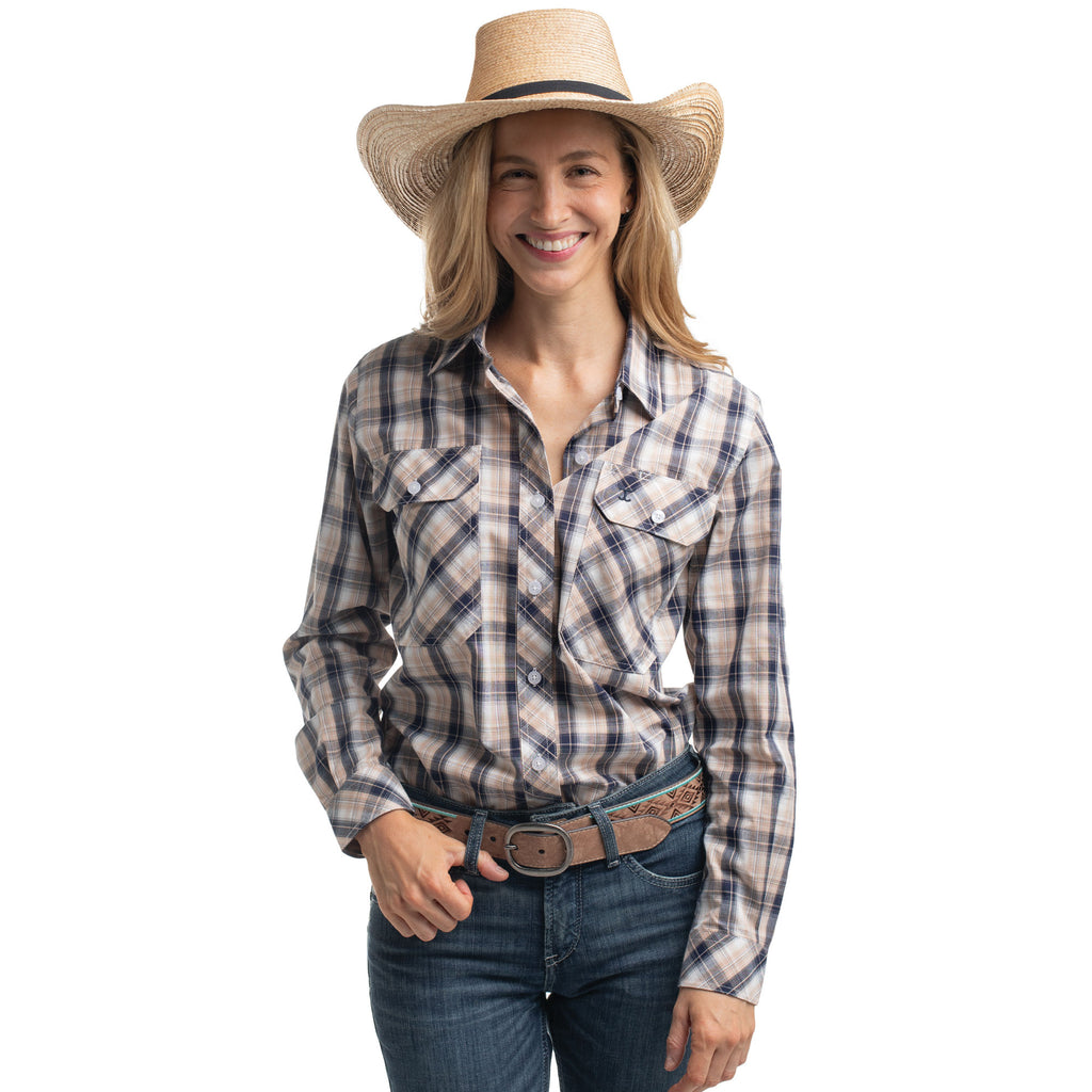 Just Country Womens Abbey Full Button L/S Print Shirt (WWLS2657) Tan/Navy/White Plaid