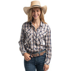 Just Country Womens Abbey Full Button L/S Print Shirt (WWLS2657) Tan/Navy/White Plaid