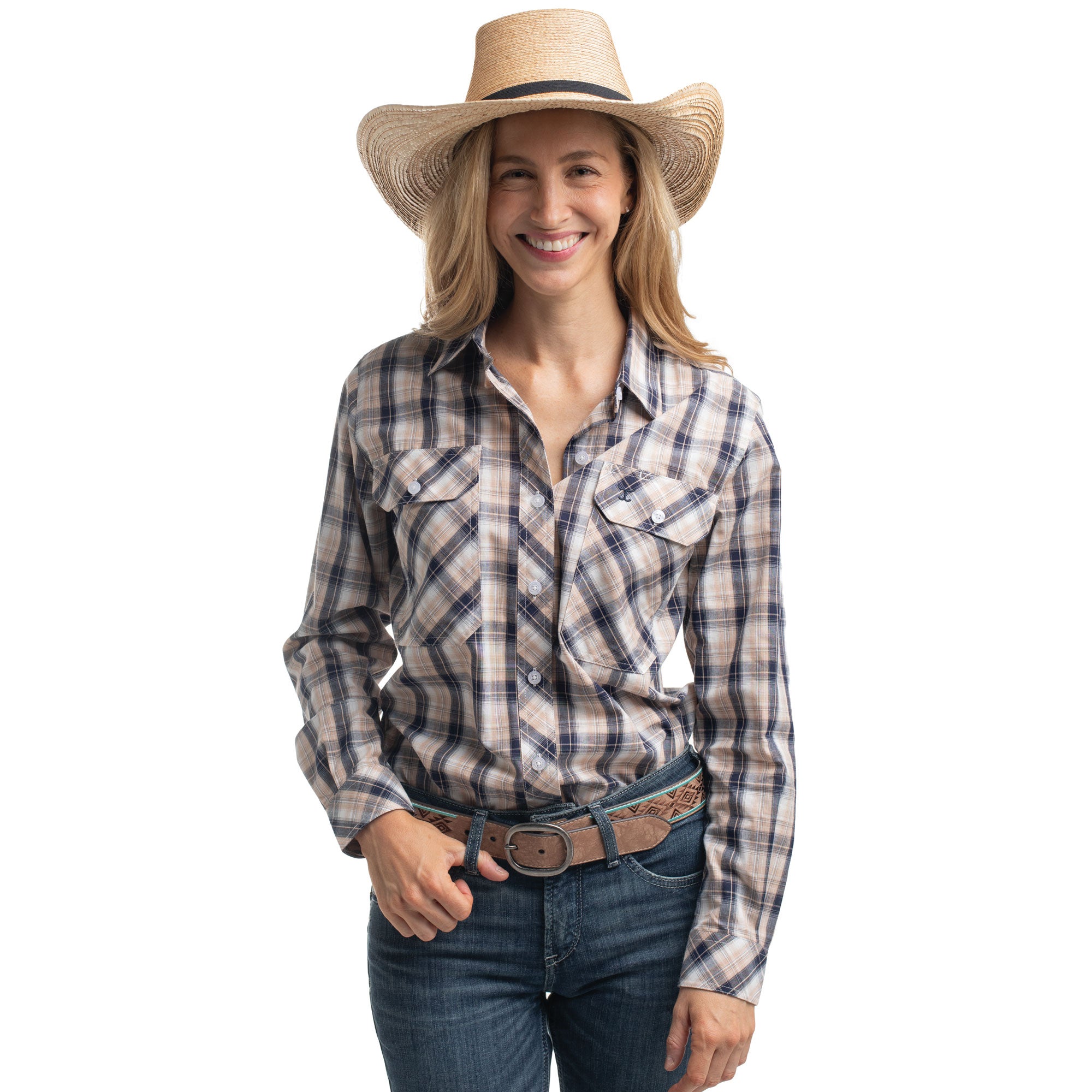 Just Country Womens Abbey Full Button L/S Print Shirt (WWLS2657) Tan/Navy/White Plaid